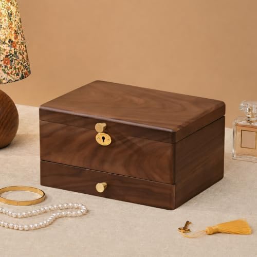 Black Walnut Lockable Jewelry Box, 3 Layer Wooden Organizer Case for Women by Vwixkuxx