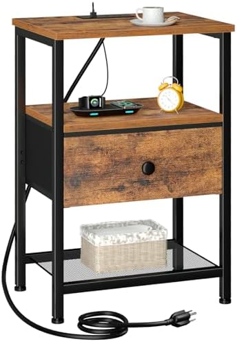 LOAKEKEL Night Stand, Small Nightstand with Charging Station by LOAKEKEL