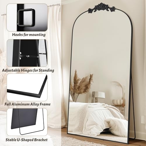 Vintage Full Length Mirror,78"x38" Arched Antique Floor Mirror with Carved Metal Frame,Large Standing Wall Mounted or Leaning Mirror for Bedroom Living Room Entryway,Black - Image 6