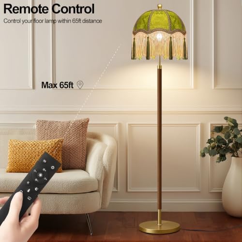 ILLMTW Vintage Floor Lamp for Living Room,Bedroom,Dimmable Standing Lamp with Remote,Green Mid Century Gold Tall Lamp Boho Retro Floor Light Wood Fringe Tassel Flower Unique Tiffany Victorian Decor - Image 4