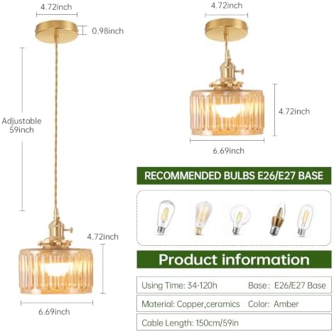 Shenmoyl Battery Operated Pendant Light 5000mAh Rechargeable Chandelier with Remote Control Wireless Adjustable Hanging Amber Striped Light for Kitchen Island Dining Room Hallway - Image 6