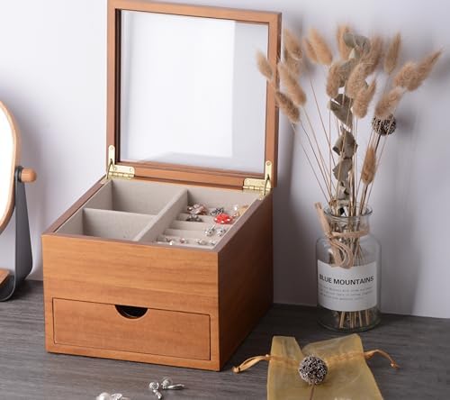 Clasin Home Jewelry Box with Glass Lid, 2 Layer Jewelry Organizer for Women, Solid Wooden Jewelry Box Display for Ring Earrings Necklace Bracelet, Pine Wood Jewelry Boxes Vintage Style for Gifts - Image 6