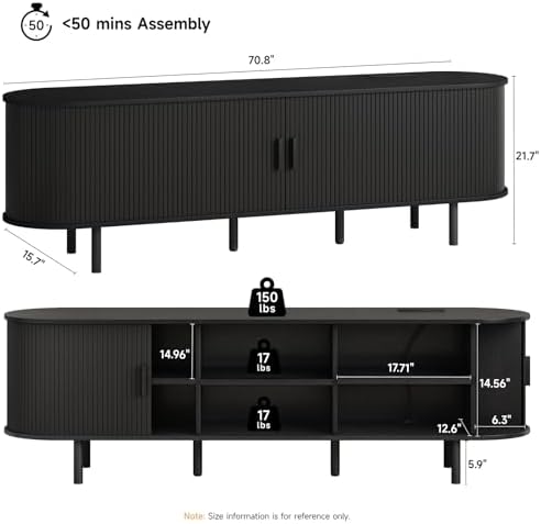 ONBRILL 70.8" TV Stand with Power Outlet & Storage for TVs up to 75", Black - Image 2