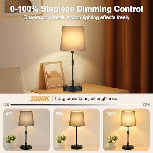 Cordless Table Lamps Set of 2 – Battery Operated Lamp with 7500mAh Rechargeable Battery, Stepless Dimmable Black Lamps with Grey Shade, Wireless Lamps for Dining Room & Nightstand (Bulbs Included) - Image 3