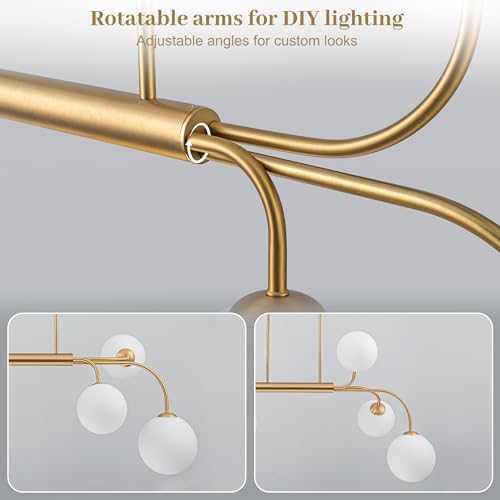 LamQee 41 Inch Mid Century Modern Linear Chandelier, 6 Lights Milk Glass Globe Chandeliers Light Fixture with Gold and White Ball, Large Pendant Lighting Ceiling Hanging for Dining Room Kitchen Island - Image 2