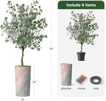 Artificial Tree in Modern Granite Effect Planter, Fake Eucalyptus Silk Tree for Indoor and Outdoor Home Decoration - 66" Overall Tall (Plant Pot Plus Tree) - Image 3