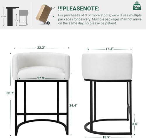 Counter Height Bar Stools Set of 4, 24 Inch Seat Height Barstools for Dining Room, Fabric Upholstered Bar Chair for Kitchen Island, Linen Counter Stools with Metal Legs, White - Image 2