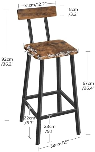 MAHANCRIS Bar Stools, Set of 2 Bar Chairs with Backrest and Footrest, 26" Breakfast Chairs, Counter Stools for Bar, Living Room, Kitchen, and Dining Room, Rustic Brown and Black BAHR05101 - Image 2