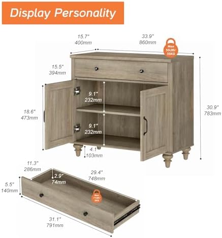 WAMPAT Farmhouse Buffet Cabinet with Doors & Drawer, Wash Grey, 34 inch - Image 2