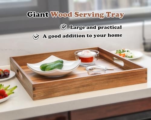 Large Ottoman Tray for Living Room, 20" Extra Large Wooden Tray for Ottoman Square Big Acacia Serving Trays with Handles for Coffee Table, Breakfast, Appetizers, Dinner - Image 5