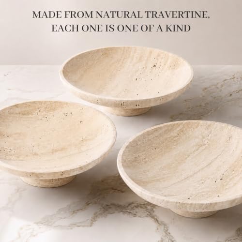 Koville Natural Italian Travertine Fruit Bowl, 11 Inch Decorative Pedestal Bowl, Handmade Stone Centerpiece Bowl for Kitchen Counter, Coffee Table & Dining Table, Modern Home Decor, Beige - Image 4