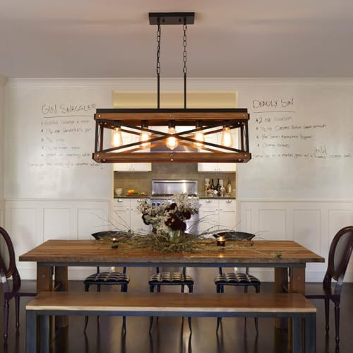 Rustic Farmhouse Wood Kitchen Island Lighting, 5 Lights Rectangular Pendant Light Fixture, Adjustable Chain Oak Wood and Metal Linear Chandelier for Dining Room Kitchen Island Farmhouse, Black - Image 2