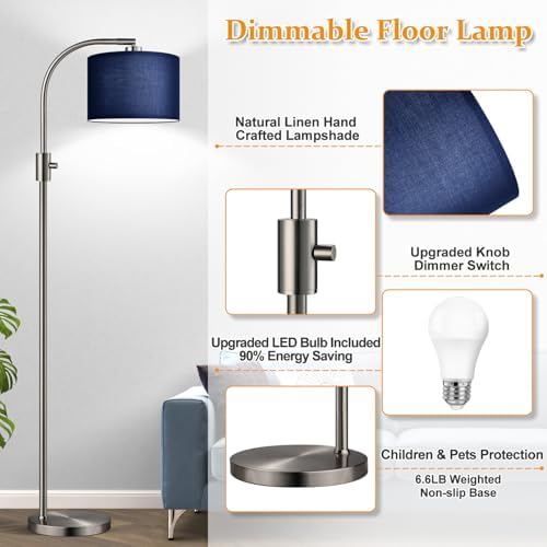Nintiue Upgraded Modern Arc Dimmable Tall Standing Floor Lamp with Blue Shade, 1200 Lumens LED Bulb Included, for Living & Reading Room, Bedroom, Office & Nursery, Brushed Nickel - Image 4