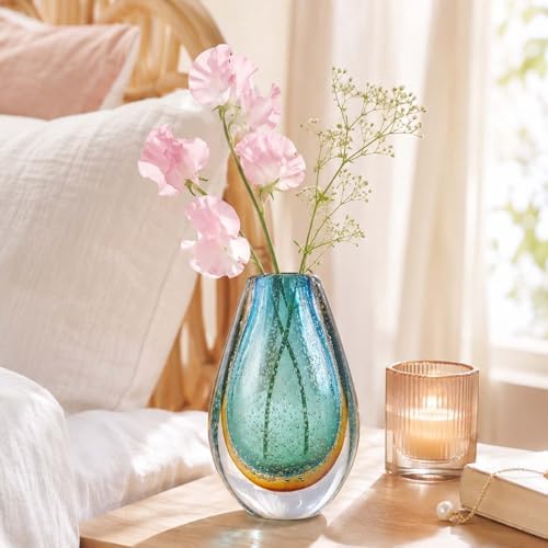 Decorative Glass Flower Vases Blown Vase for Home Decor Living Room Dining Room Shelf Mantel Tabletop Centerpiece Modern Art Deco Style Unique (Green) - Image 2
