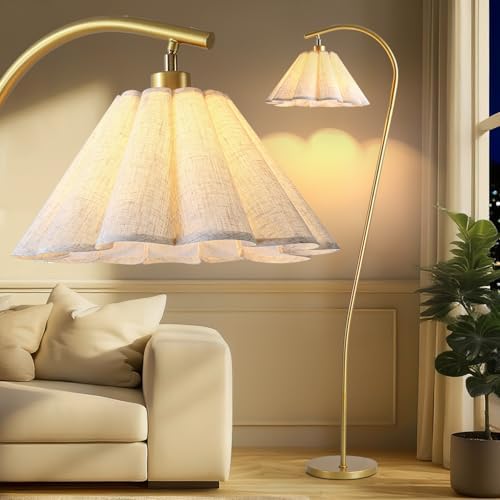 Floor Lamp with Pleated Linen Lampshade, Modern Flower Floor Lamp for Living Room Arc Standing Lamp, Gold Tall Lamp for Bedroom Office Dining Room, Bulb Included (Gold + Flax Color, 66.1IN) by Unknown