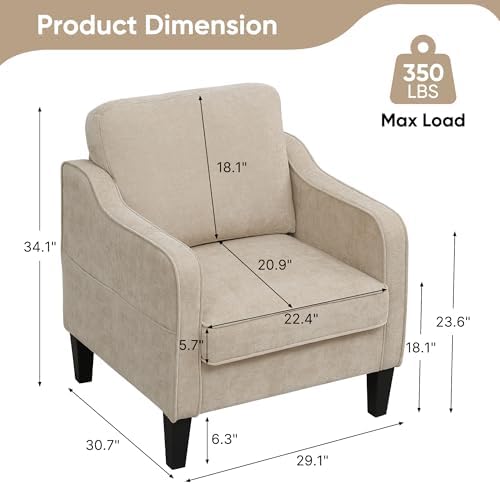 Accent Chairs Set of 2, Upholstered Living Room Chair with Side Pockets, Mid Century Modern Reading Chair for Bedroom, Comfy Armchair Single Sofa Side Chair for Office, Small Room, Light Brown - Image 2