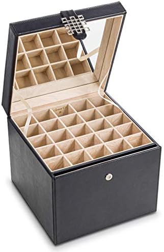 Glenor Co Earring Organizer Holder - 75 Small & 4 Large Slots Classic Jewelry Box with Drawer & Modern Closure, Mirror, 4 Trays Earrings, Ring or Chain Storage - PU Leather Case - Black - Image 2