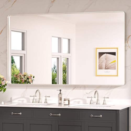 Keonjinn 60 x 36 Inch Brushed Nickel Bathroom Vanity Mirror, Tempered Glass by Keonjinn