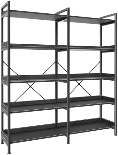Huuger 5 Tier Bookshelf, Display Bookshelf with 10 Open Shelves and Raised Baffle, 47.2 Inch Straight Wide Bookcase with Metal Frame and Wooden Board, Adjustable Feet, Black by Huuger