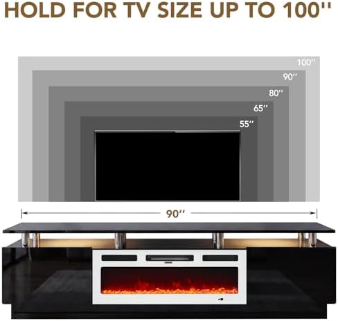 90" TV Stand for Living Room, Large Entertainment Center & Media Console, Fits TVs up to 100", Storage Cabinet with Shelves, 50" Electric Fireplace, Black & White - Image 7