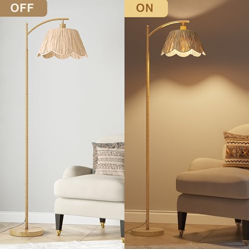 Oneach Arc Floor Lamp for Living Room with 3 Color Temperatures, Rattan Boho Floor Lamp with Remote & Dimmable Bulb, Farmhouse Floor Lamps Suitable for Bedroom, Study(Light Woodgrain) - Image 5