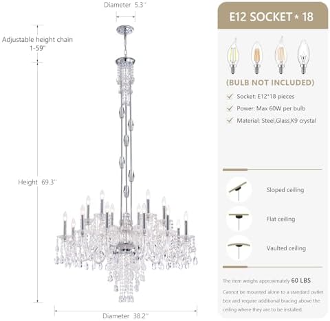18-Light Large Crystal Candle Chandelier, Vintage Maria Theresa Chandelier for Foyer, Staircase & High Ceiling Living Room, Chrome, E12 Base - Image 2