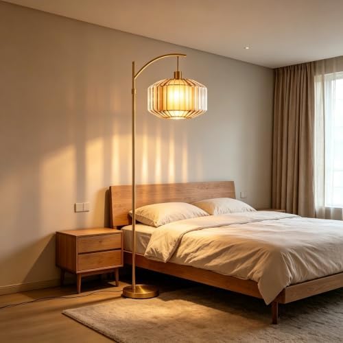 QIYIZM Glass Floor Lamp for Living Room,Bedroom,Gold Standing Lamp with Remote Dimmable,Arc Mid Century Modern Vintage Tall Lamp Brass Boho Floor Lamps Stained Retro Floor Light Lamp Bohemian - Image 6