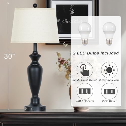 Cinyirong 30" Tall Table Lamps Set of 2, Touch Control Bedside Lamp with USB A+C Ports and AC Outlet, 3-Way Dimmable Modern Metal Nightstand Lamp for Bedroom Living Room, 2 LED Bulbs Included, Black - Image 2