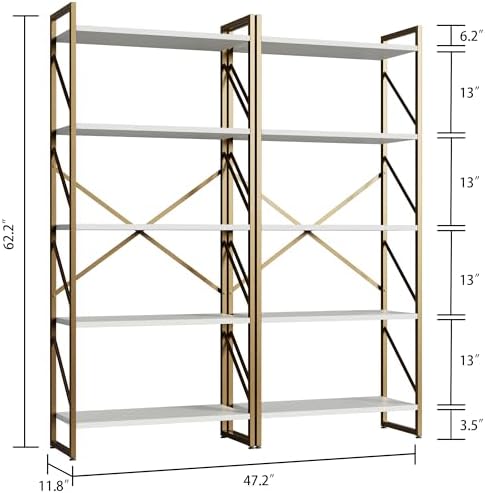 Shintenchi 2 Pieces 5 Tiers Bookshelf, Classically Tall Bookcase Shelf, Industrial Book Rack, Modern Book Holder in Bedroom/Living Room/Home/Office, Storage Rack Shelves for Books/Movies-Gold - Image 2