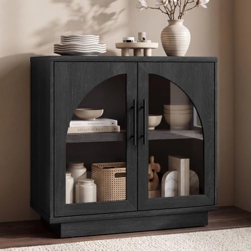 Fatmok Modular Coffee Bar with LED Lighting,Charging Station,Arched Glass Buffet Sideboard,Modern Liquor&Wine Display Storage Cabinet for Living Room,Black Grey(FD,2-Piece) - Image 6