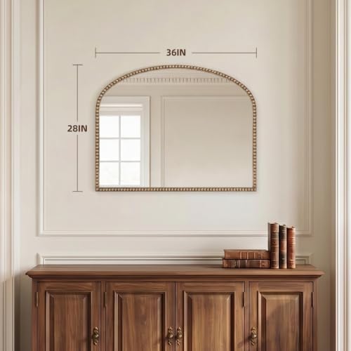 Antique Gold Arched Wall Mirror, 36" x 28" Beaded Mirror - Image 3