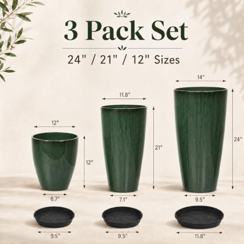 Neoaider Set of 3 Tall Planter, 24/21/12in Large Plastic Planter, DarkGreen - Image 3
