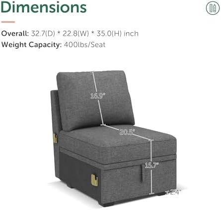 HONBAY Single Seat for Modular Sectional Sleeper Sofa with Pull Out Bed, Customizable Armless Chair for Sectional Couch, Dark Grey - Image 3