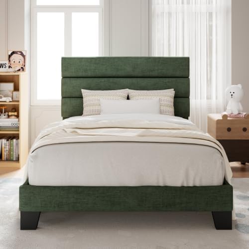 Allewie Twin Size Platform Bed Frame with Fabric Upholstered Headboard and Wooden Slats Support, Fully Upholstered Mattress Foundation/No Box Spring Needed/Easy Assembly, Green by Allewie