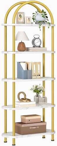 HOOBRO 5 Tier Open Bookshelf, Industrial Arched Bookcase Display Shelf Rack, Wooden Bookcase Storage Shelf Metal Frame, Tall Storage Organizer for Home, Easy Assembly, Gold DM176SJ01 by HOOBRO