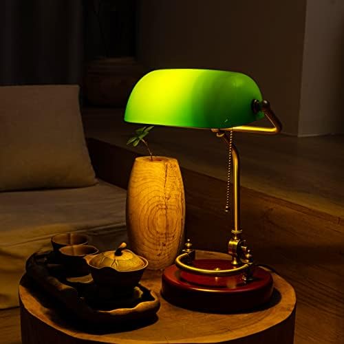 Bankers Lamp Traditional Green Glass Desk Lamp Solid Wood Pull Chain Switch - Image 6