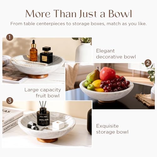 SAMAH Gray Marble Fruit Bowl with Acacia Wood Pedestal, Large Decorative Marble Bowl, Natural Stone Fruit Bowl for Kitchen Counter, Entryway, Keys, Dining Table, House Warming Gifts New Home(11Inch) - Image 4