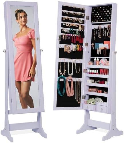 Best Choice Products Freestanding Jewelry Armoire Cabinet, Full Length Standing Mirror, Lockable Makeup Storage Organizer, w/Velvet Lining, 3 Angles, Lock, Accessory Pouch, 5 Shelves - Lavender by BestChoiceProducts