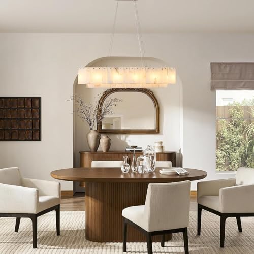 L40in Alabaster Rectangular Chandelier for Dining Room, Modern White Marble Oval Chandeliers for Kitchen Island, Rectangle Chandelier for Dining Table (Dimmable Bulbs INCL) - Image 2