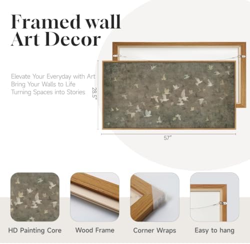 Extra Large Framed Vintage Neutral Birds Wall Art for Living Room, 60x30 In - Image 5