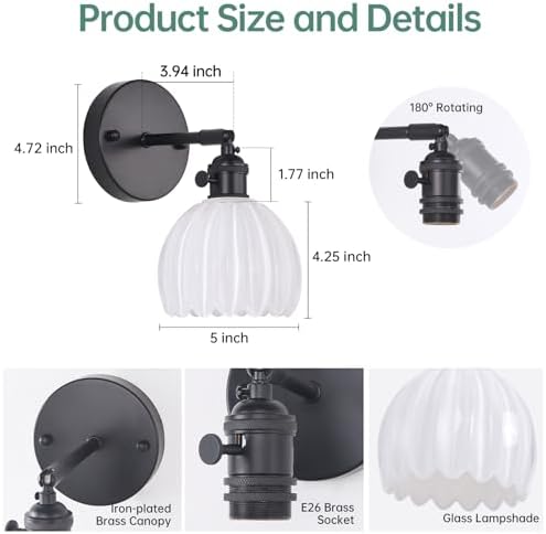 Shenmoyl Vintage Battery Operated Wall Sconce with White Tulip Glass Lampshade Rechargeable Battery Powered Black Wall Light with Remote Control for Bedside Bedroom Doorway - Image 6