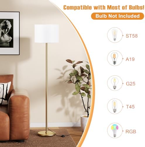 Ambimall 60'' Modern Floor Lamp with Shade, Tall Lamps for Living Room, Bedroom, Office, Dining Room, White Shade with Gold Pole(Without Bulb) - Image 3