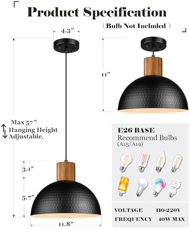 ELYONA 12" Hammered Metal Pendant Light, Rubber Wood Dome Hanging Lamp, Modern Pendant Light Fixtures for Kitchen Island, Bar, Farmhouse Dining Room, Bedroom, Hallway - Black - Image 3