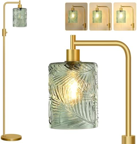 【Upgraded】 Dimmable Floor Lamp for Living Room with Green Feather Glass Lampshade, Gold Modern Floor Lamp with 900LM LED Bulb Included, Arc Standing Tall Lamp for Bedroom, Office, Reading Room, Corner by Yemela
