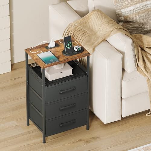 JARHETUN Nightstand Set of 2, Night Stands with Charging Station, 26.4 Inch Tall Bedside Table with Metal Shelf, Modern Side End Table with 3 Fabirc Drawers, Small Dresser for Bedroom, Rustic Brown - Image 6