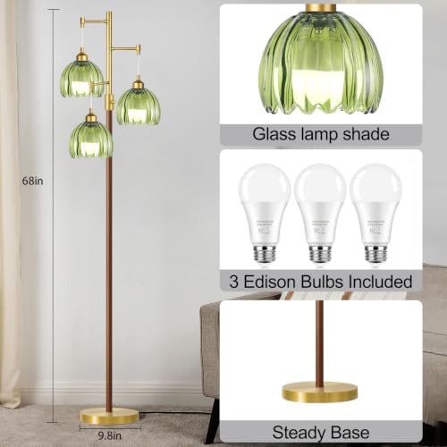 Wood Floor Lamps for Living Room Bedroom-3 Light Gold Floor Lamp with Glass Lampshape, Flower Tall Lamp Glass Mid Century Standing Lamp Vintage Tree Floor Lamp for Bedroom Corner - Image 5