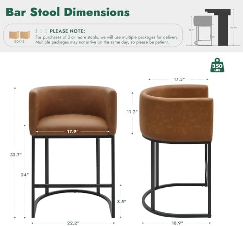 Counter Height Bar Stools Set of 3, Modern Counter Stools for Dining Room, 24 Inch Barstools for Kitchen Island, Faux Leather Bar Stool with Metal Legs and Back Footrest, Brown - Image 2