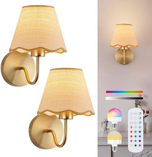 ADISUN Battery Operated Wall Sconce Set of 2, Gold Wall Lamps Rechargeable Bulbs for Living Room, Rattan Shade Wireless Wall Lights for Bedroom Living Room Hallway Kitchen(2 Bulbs Included) by ADISUN