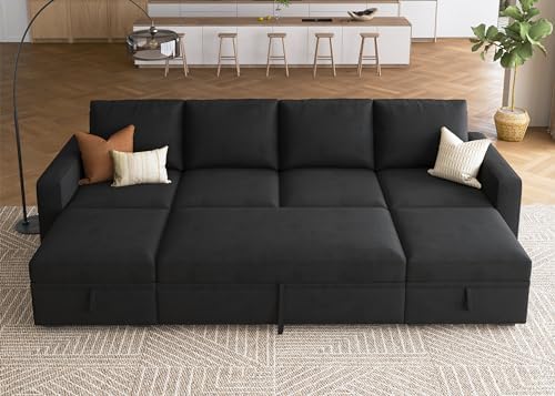 HONBAY Modular Sectional Sleeper Sofa Bed, Velvet Sectional Couch with Pull Out Bed U Shaped Modular Couch with Storage Ottoman for Living Room, Black by HONBAY