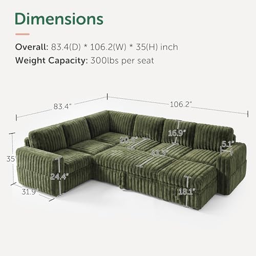 HONBAY Plush Corduroy Modular Sectional Sofa with Pull Out Bed, Convertible U Shaped Couch with Storage,Sleeper Sectional Couches for Living Room,Plush Green - Image 2